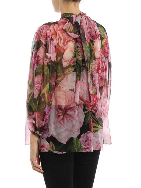 Blouses Dolce Gabbana Rose Print Silk Chiffon Blouse F7X63TGDC89HN412