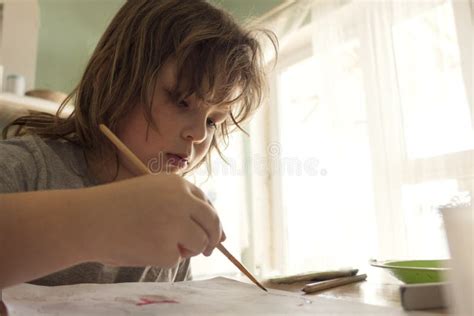 Children Draw In Home Boy Studying Drawing At School Stock Image