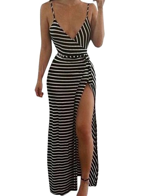 Sexy Deep V Neck Spaghetti Strap Striped Print Sun Dress High Slit Side