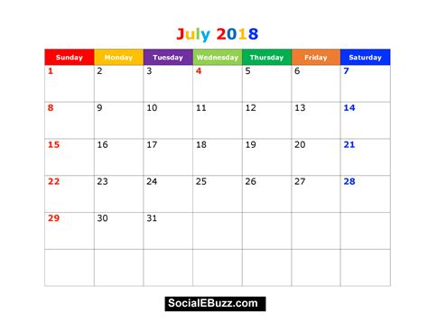 July 2018 Calendar Printable Template With Holidays Pdf Usa Uk July