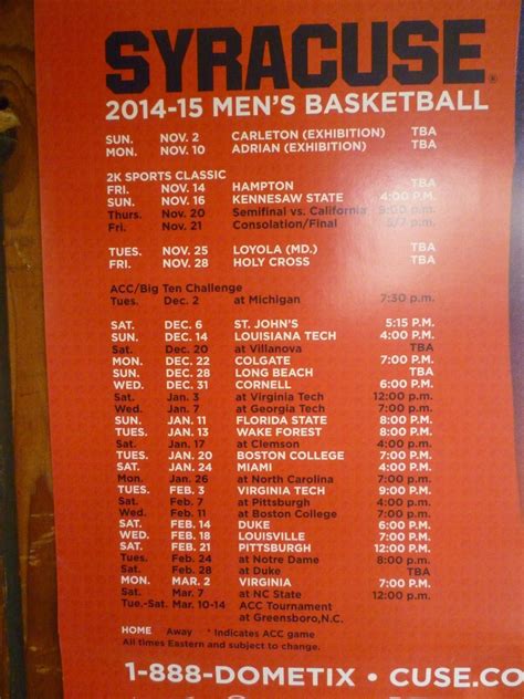 Syracuse Basketball Schedule Printable