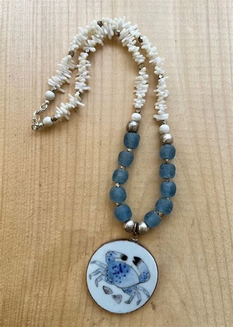 Porcelain Blue Crab Pendant Necklace With Recycled Ghana Glass Bone