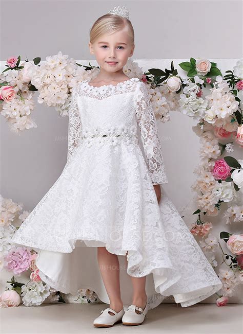 a line princess asymmetrical flower girl dress lace long sleeves jewel with flower s