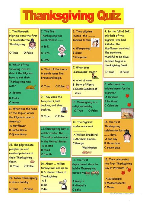 You can either do this individually or in teams of 2 or 3 people. Thanksgiving Quiz worksheet - Free ESL printable worksheets made by teachers