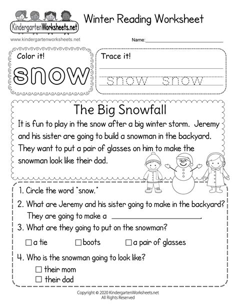 Kindergarten Winter Reading Worksheet Reading Worksheets