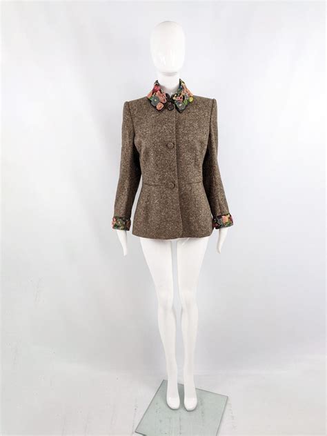 Emanuel Ungaro 1990s Vintage Tweed Jacket Floral Applique Y2k Wool