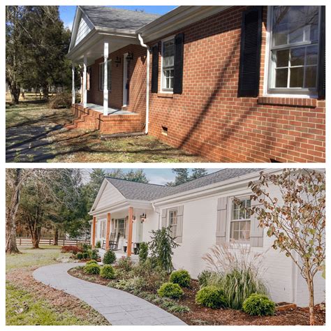 Before And After Painted The Brick White Built New Shutters And Added Landscaping And Roof