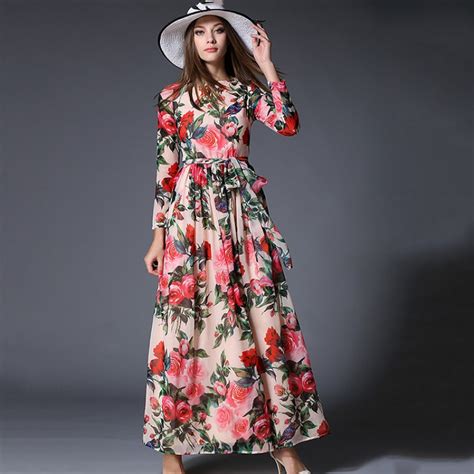 Tingyili Floral Maxi Dress Long Sleeve Printed Chiffon