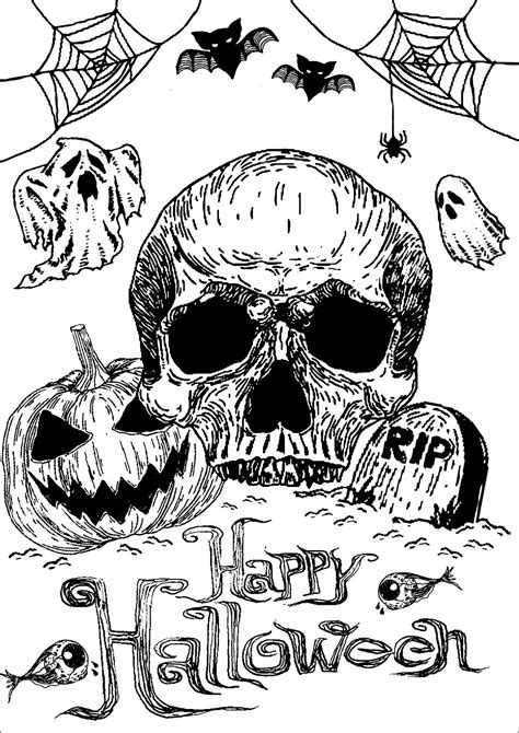 Crâne Citrouille Et Tombe Halloween Adult Coloring Pages