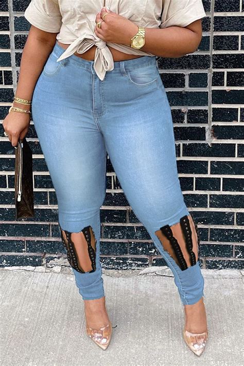 Light Blue Casual Solid Ripped Plus Size Jeans Plus Size Knowfashionstyle Wholesale Shoes