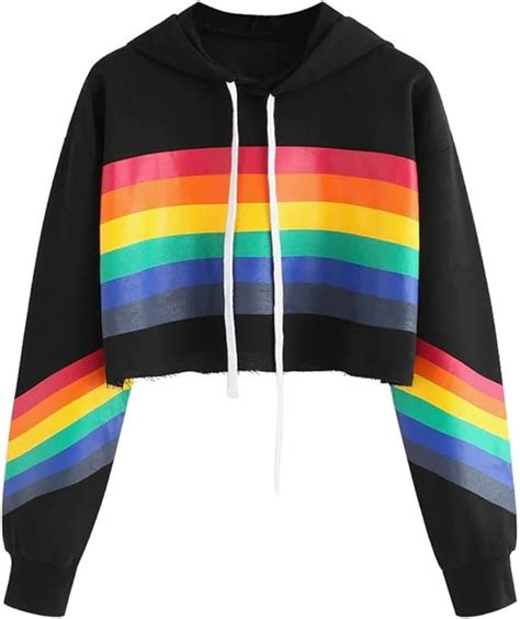 Hoodies For Teen Girls Womens Cropped Hoodie Rainbow Striped Printed