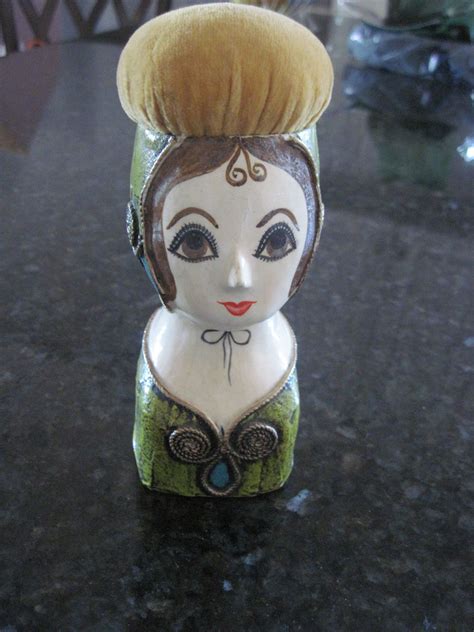 Paper Mache Pin Cushion Green And Gold Lady Signed By Capistrano