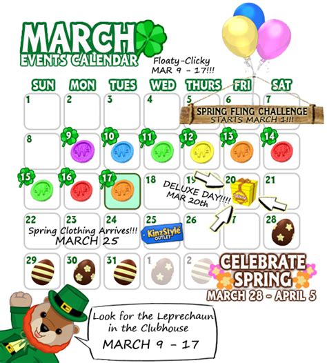 March Event Calendar Wkn Webkinz Newz