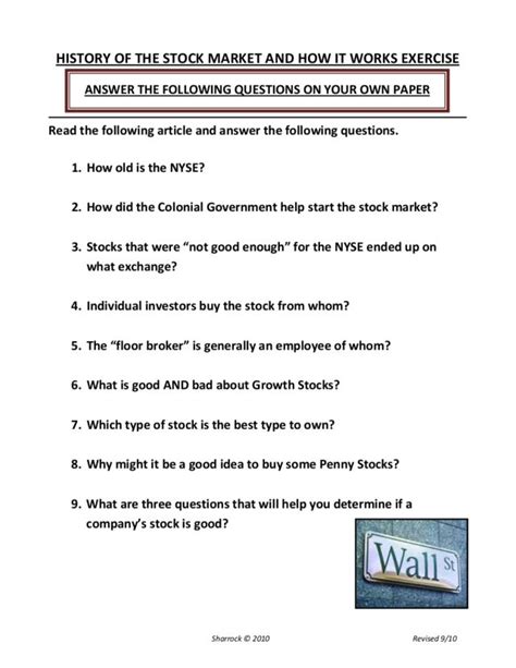 History Of The Stock Market And How It Works Worksheet For 8th 12th