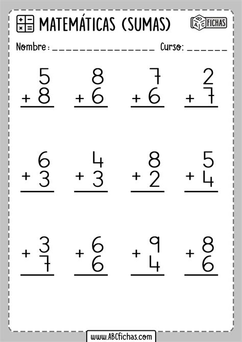 Ejercicio interactivo de sumas 20 para primero. Fichas de Sumas de 2 digitos matematicas - ABC Fichas