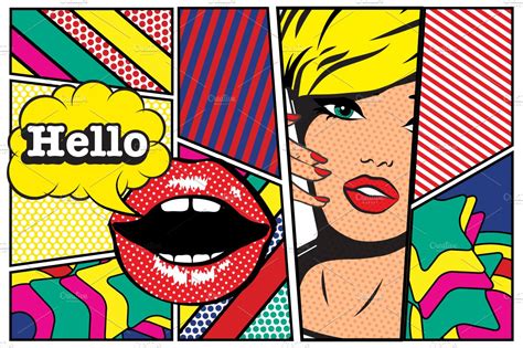 Check spelling or type a new query. Pop art Card Woman with Phone-Hello. | Pre-Designed Illustrator Graphics ~ Creative Market