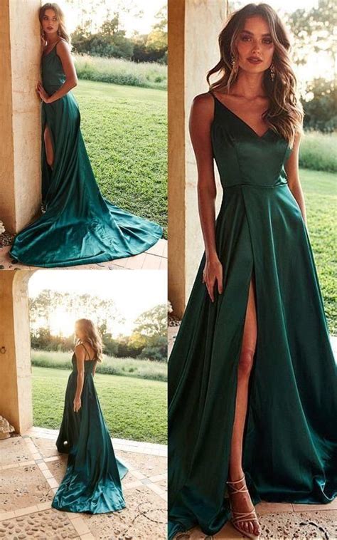 A Line V Neck Satin Long Prom Dress With Split Dark Green Evening Dress Green Prom Dress Cute