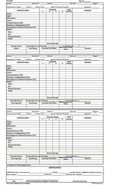 School Form 10 Sf10 Learners Permanent Academic Record For Junior High