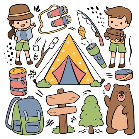 Doodle De Camping De Dibujos Animados Dibujados A Mano Vector Premium