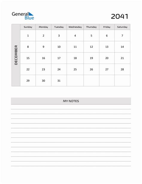December 2041 Printable Monthly Calendar With Notes