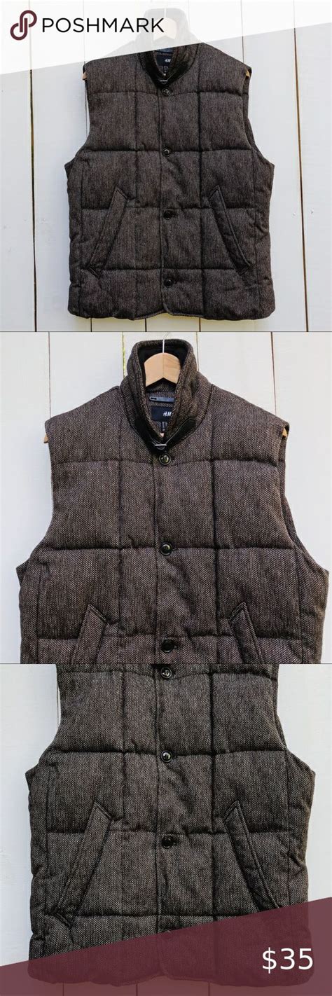 Handm Men’s Quilted Puffer Sleeveless Wool Vest Brown Twill Tweed