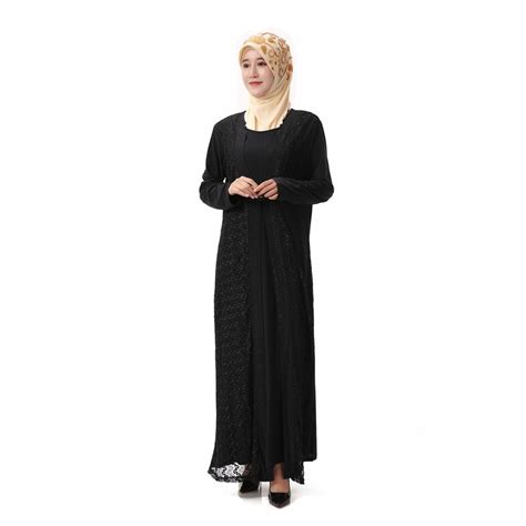 Islamic Womens Black Lace Abayas Muslim Long Fashion Dress Arabic