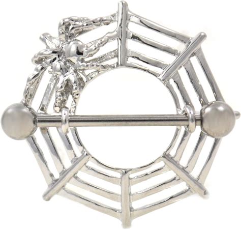 Pair Of Spider Web Shield Steel Nipple Piercing Rings Barbells 14 Gauge 78 Jewelry