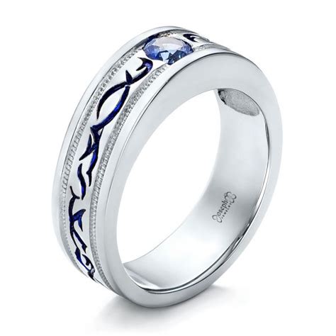 Custom Engraved Blue Sapphire Mens Wedding Band W 3qtr 102213 