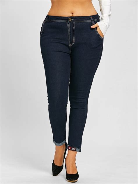 Plus Size Midi Rise Slim Jeans With Patches Purplish Blue 3xl Plus