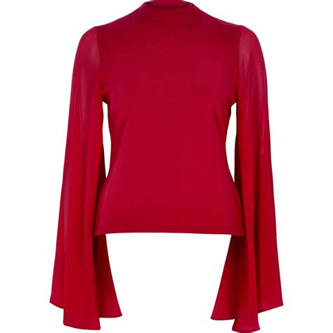 Lyst River Island Red Flared Sleeve Cut Out Back Top In Red