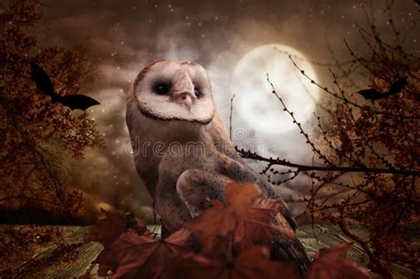 Owl In Autumn Forest With Bats On Full Moon Night Stock Image Image