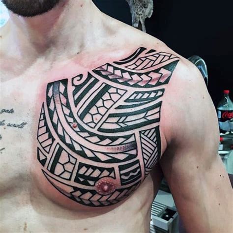 Another awesome polynesian tattoo design. 50 Tribal Chest Tattoos For Men - Masculine Design Ideas