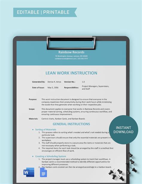 Free Work Instruction Word Template Download