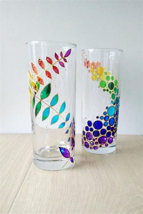 Rainbow Drinking Glasses Set Of 2 Hand Painted Floral Colorful Tumblers Custom Water Glasses