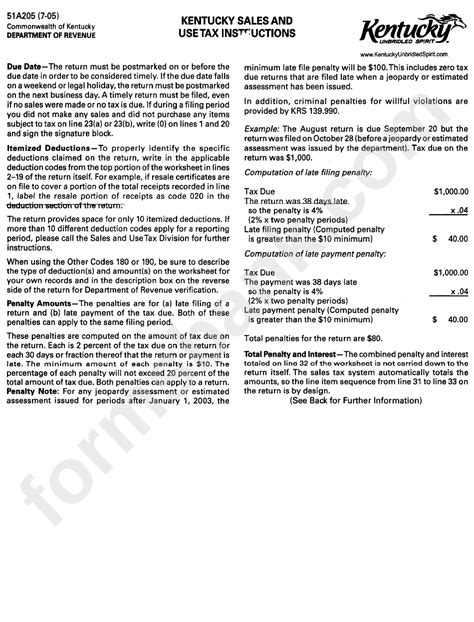 Form 51a205 Kentucky Sales And Use Tax Instructionsaccount