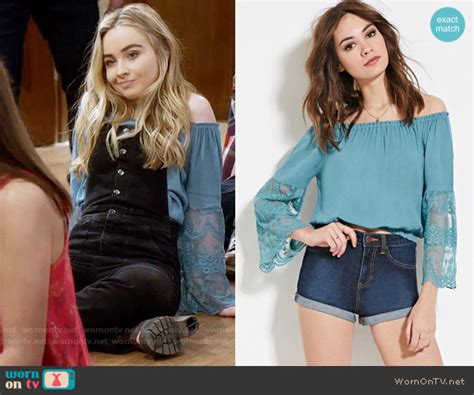 wornontv maya s blue lace off shoulder top and black overalls on girl meets world sabrina