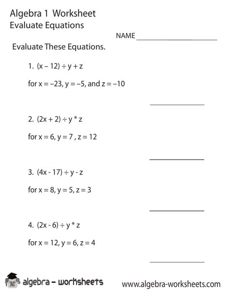 Algebra 1 Worksheet Evaluate Equations