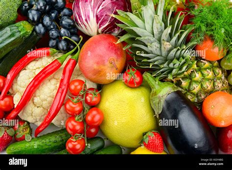 Assortment Fresh Fruits And Vegetables Healthy Background Stock Photo