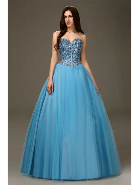 Gorgeous Blue Sparkle Long Floor Length Beaded A Line Princess Ball