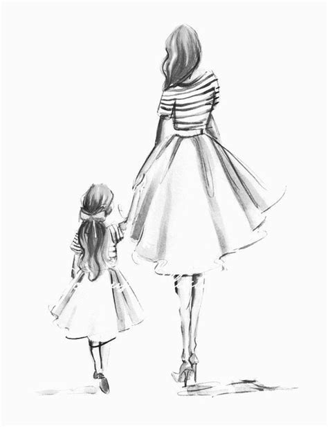 A Mother And Daughter Are Walking Together In Black And White Pencils