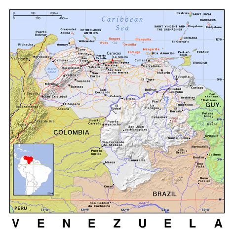 Детальная политическая карта Венесуэлы с рельефом Венесуэла Южная