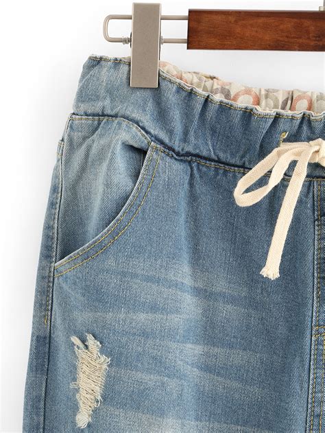 Distressed Drawstring Waist Boyfriend Jeans Sheinsheinside