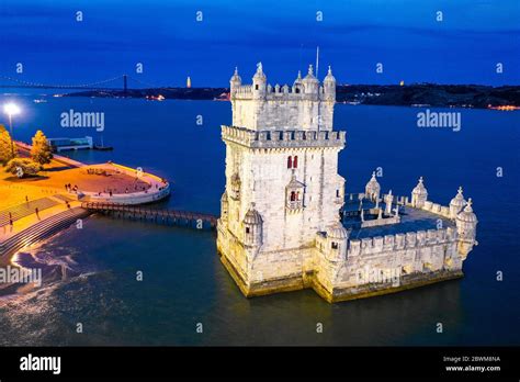 Lisbon Portugal Aerial View Of Belem Tower In Lisbon Portugal During