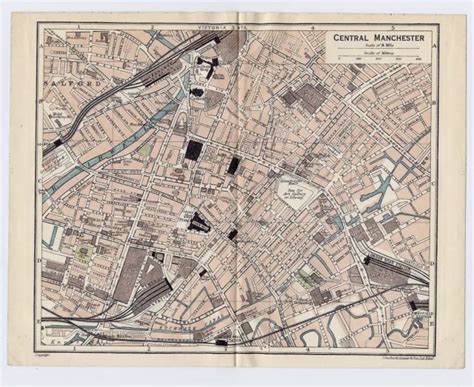 1924 Original Vintage City Map Of Central Manchester England 1800