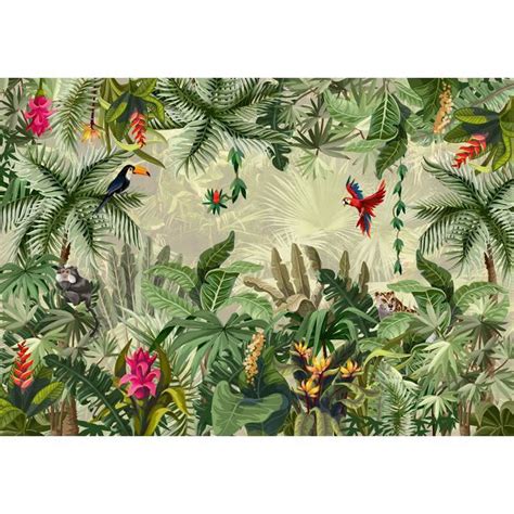 Papier Peint Intissé Jungle 3d 312x219 Cm Oiseaux Perroquet Tropical
