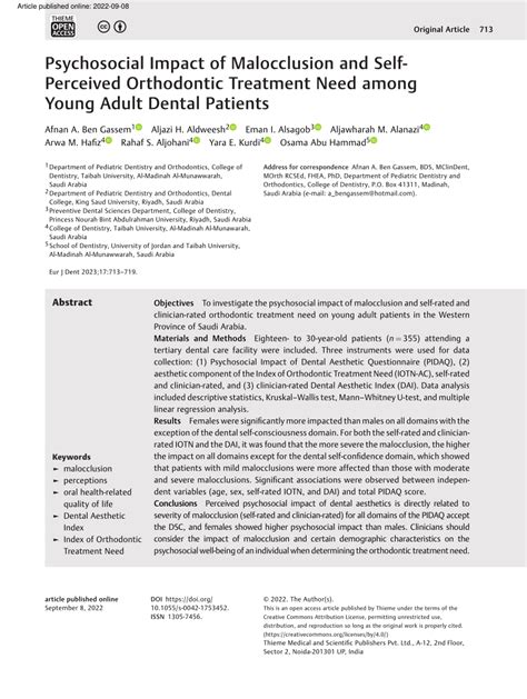 Pdf Psychosocial Impact Of Malocclusion And Self Perceived