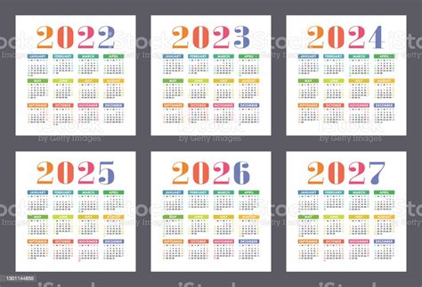 Kalender 2022 2023 2024 2025 2026 Dan 2027 Tahun Set Vektor Warnawarni