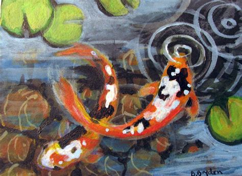 Aceo Original Mini Acrylic Painting Japanese Koi Fish Pond Lily Pads