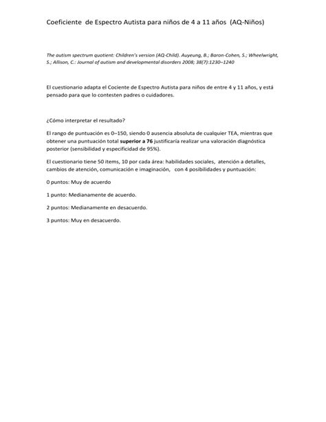 Coeficiente De Espectro Autista Para Niños De 4 A 11 Años Aq Niños