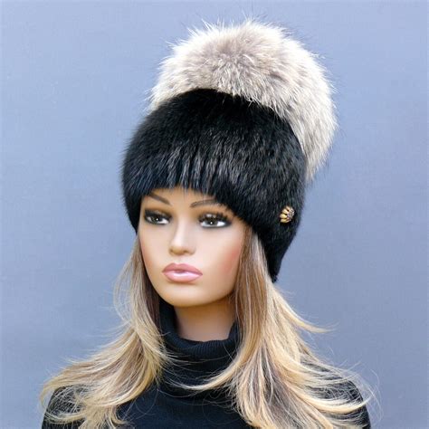 Black Mink Beanie Women Raccoon Fur Pom Pom Hat Fluffy Hat Etsy